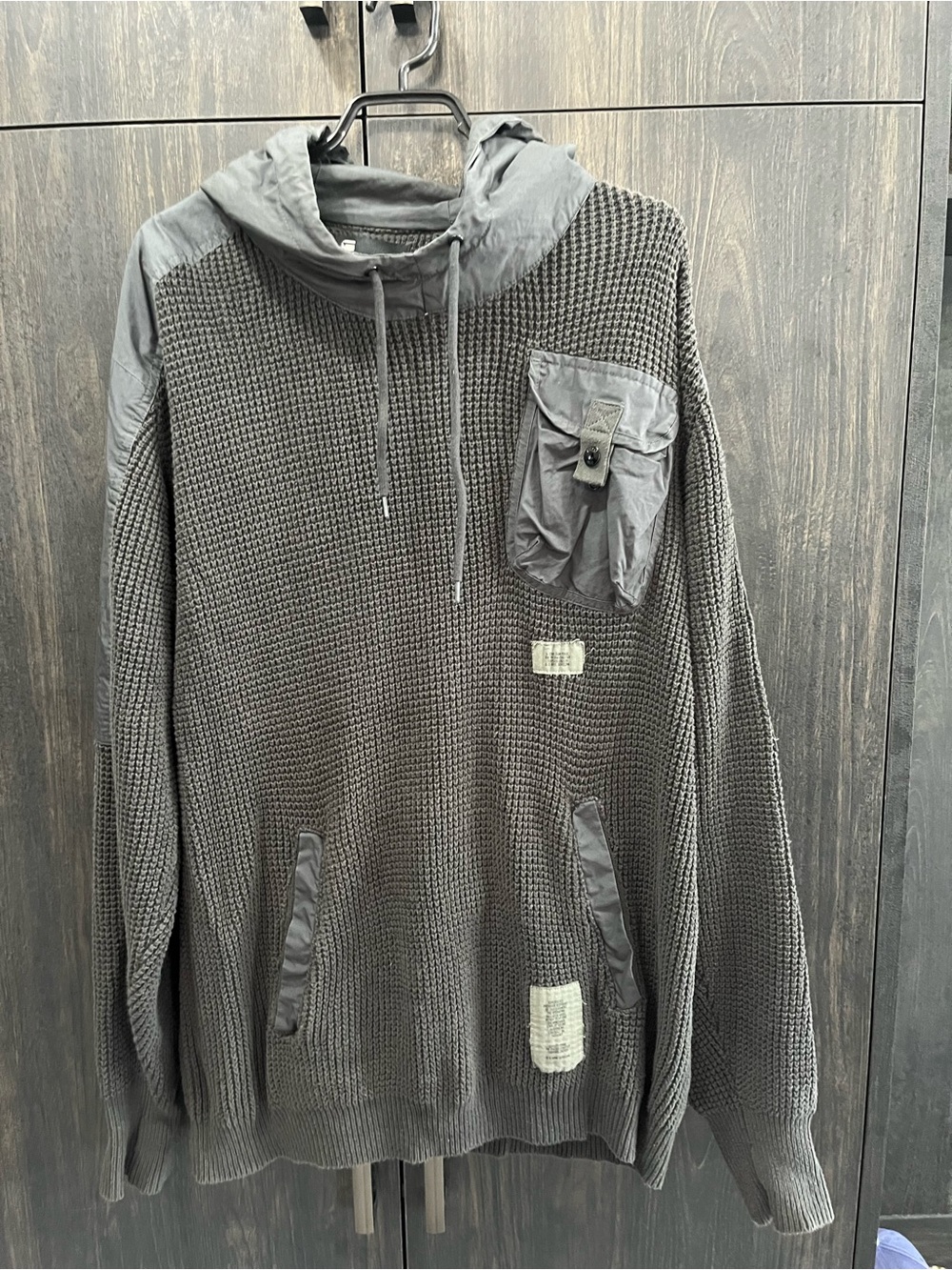 G-Star Men's Charcoal Gray Waffle-Knit Hooded Sweater with Utility Pocket